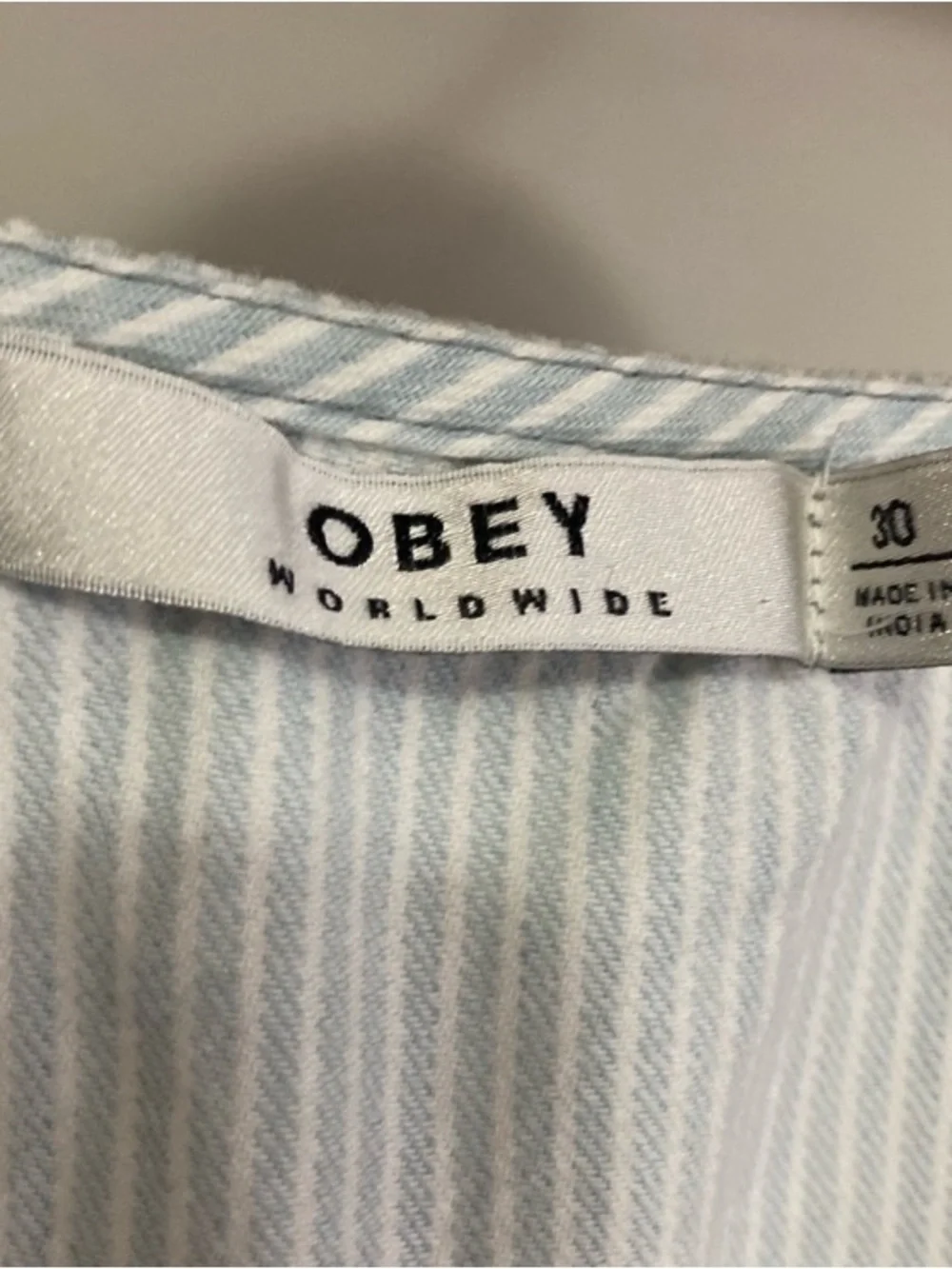 Obey Ombre Light Blue Pinstripe Sleeveless Belted Jumpsuit, size medium - Picture 9 of 9